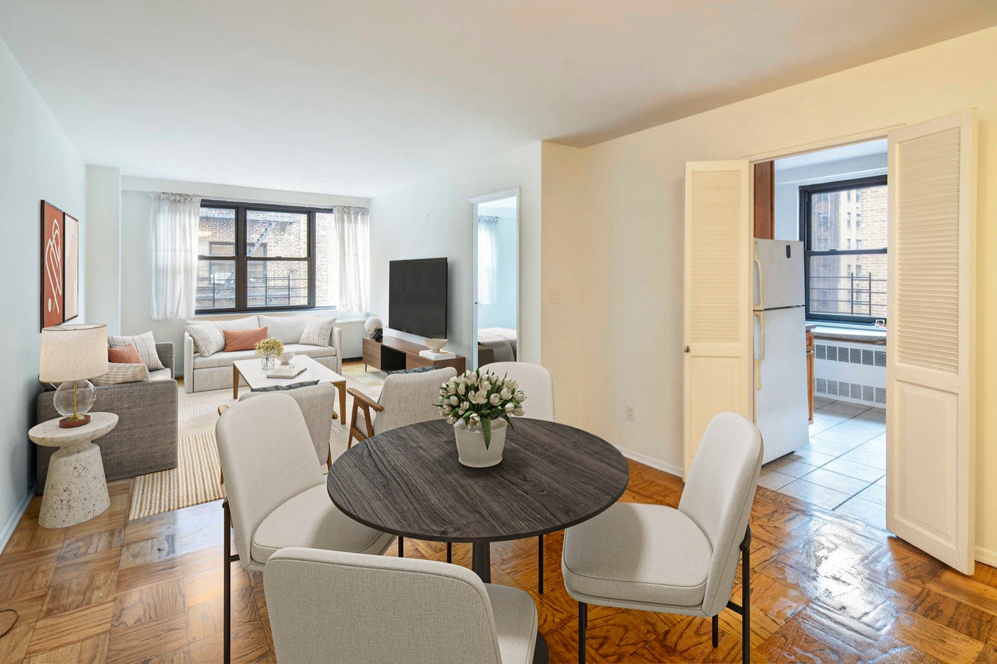 305 East 40th St 11S Murray Hill living and dining virtually staged by Bella Virtual