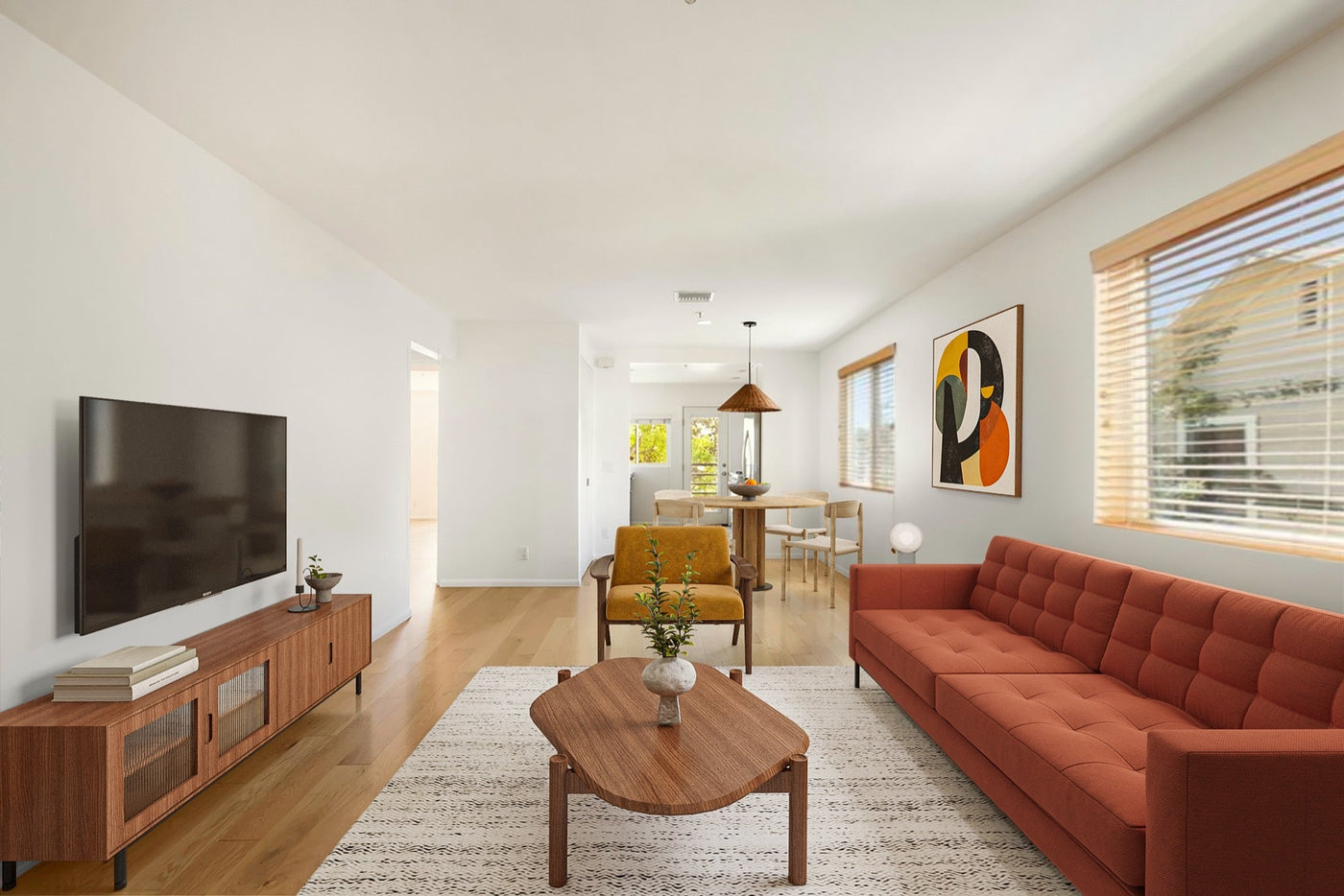 1018 Magnolia St living room virtually staged in warm mid-century modern style by Bella Virtual