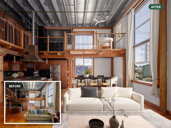 Virtually restaged double-height loft room at 211-1220 East Pender Street in Vancouver, with a before-photo inset