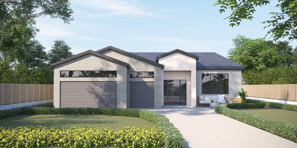 3D exterior rendering of a new single-storey home with a two-car garage, front patio and landscaped yard, made by Bella's 3D artists