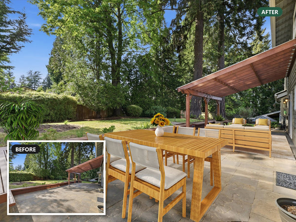 Virtually staged covered patio at 4423 156th Place SE in Bellevue, with a before-photo inset