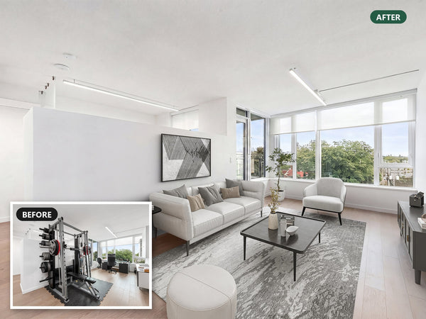 Home gym at 711-2888 Cambie Street in Vancouver virtually staged as a living room, with a before-photo inset