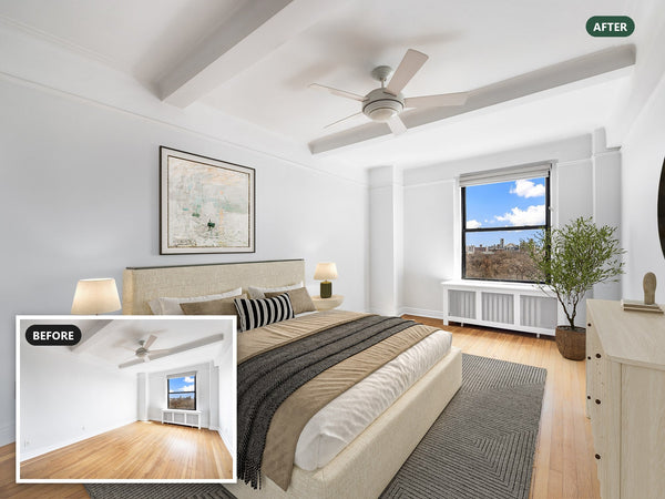 Virtually staged primary bedroom at 415 Central Park West #10E in Manhattan, with a before-photo inset