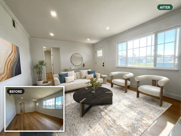 Virtually staged living room at 8633 Briarwood Lane in Dublin, California, with a before-photo inset