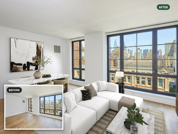 Virtually staged living room at 234 East 23rd Street #11A in Gramercy, with a before-photo inset