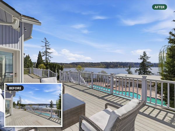 Virtually staged lake-view deck at 8825 NE 116th Place in Kirkland, with a before-photo inset