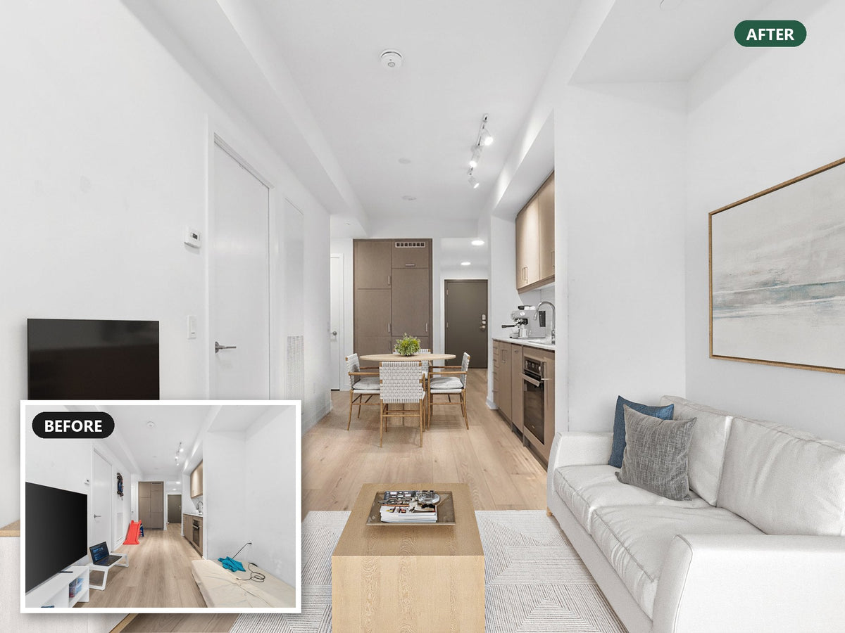 Living area at 427-9 Tecumseth Street in Toronto, cleared and virtually staged, with a before-photo inset