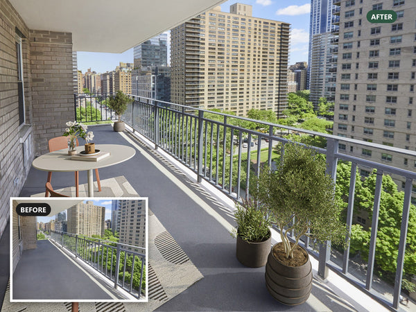 Virtually staged balcony at 165 West End Avenue #15M in Manhattan, with a before-photo inset