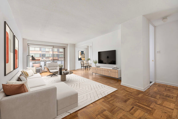 300 East 40th St 16K Murray Hill living and dining room virtually staged by Bella Virtual