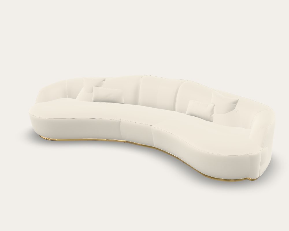 Interactive 3D model of a curved ivory bouclé sectional with a brass plinth, modelled by Bella's 3D artists