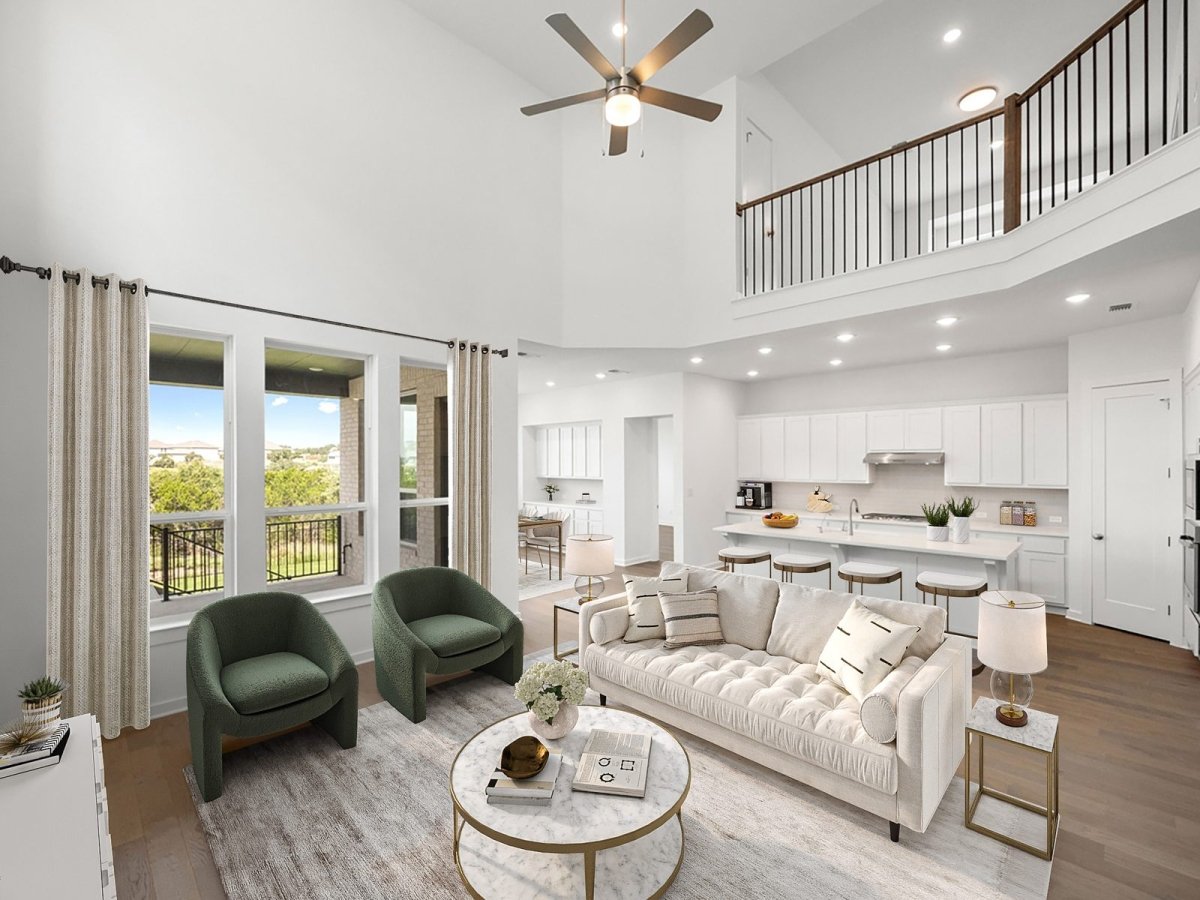 Living room open to the kitchen, after — Virtual staging