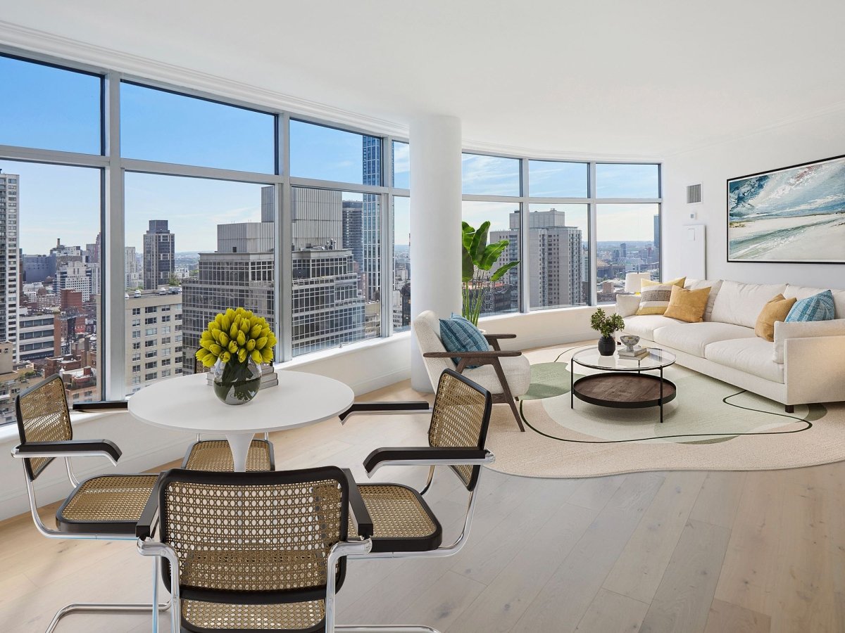 Midtown East skyline living and dining, after — Virtual staging