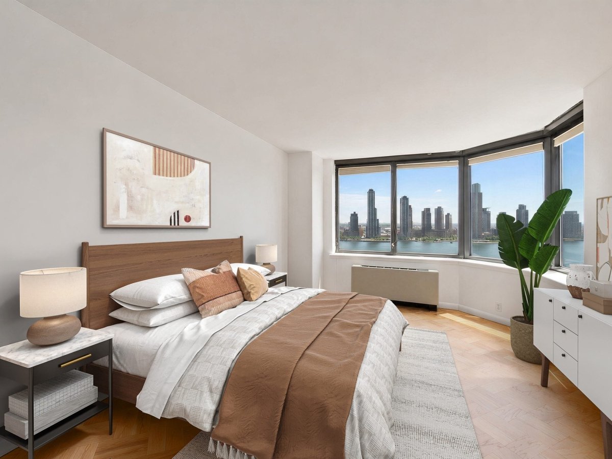 Murray Hill river-view bedroom, after — Virtual staging