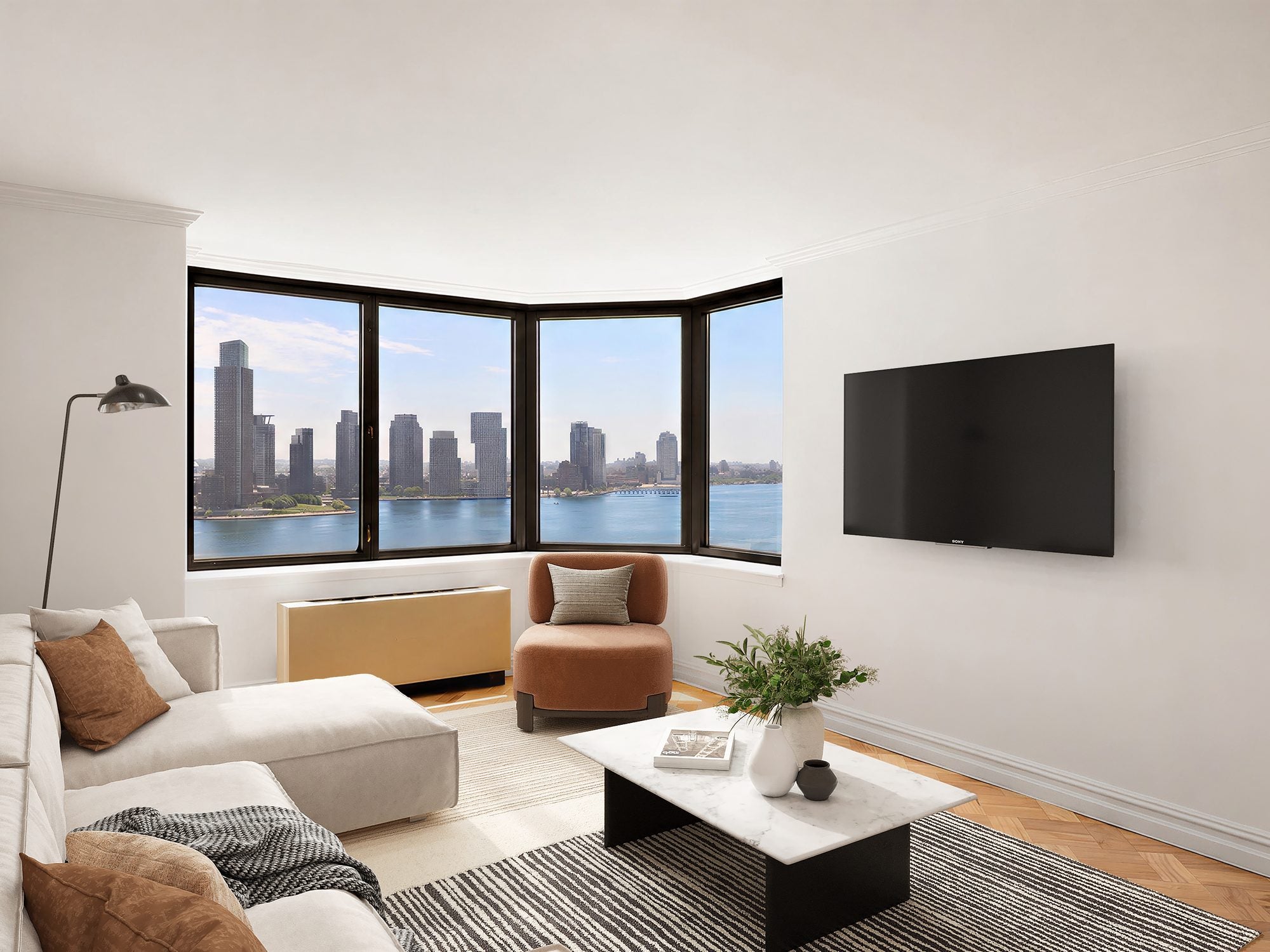 Murray Hill river-view living room, after — Virtual staging