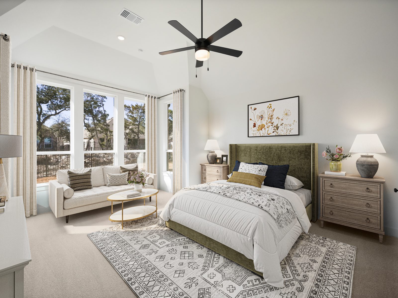 Primary suite with sitting area, after — Virtual staging
