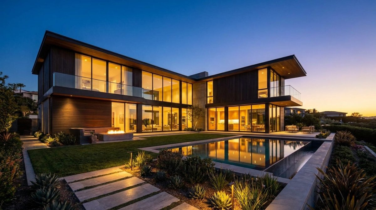 A modern luxury home at dusk, warm windows glowing over a reflecting pool