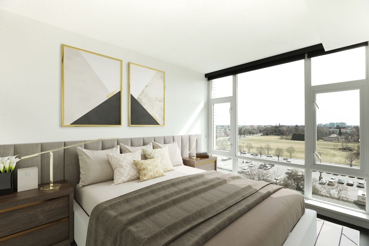 Primary bedroom, staged